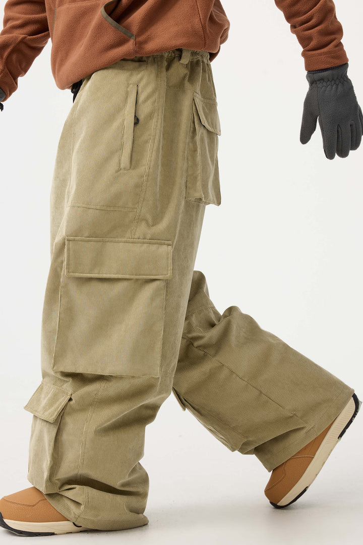 Men's Beige Baggy Multi-Pocket Corduroy Snow Pants