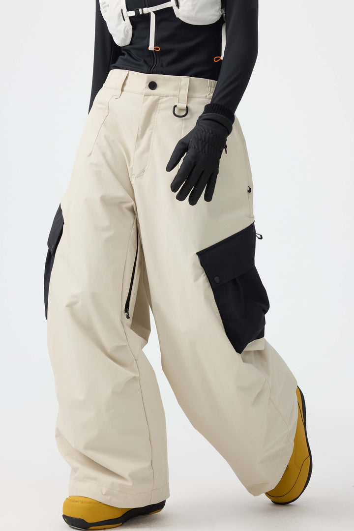 Women's Black Baggy Color-Blocked Cargo Pocket Snow Pants