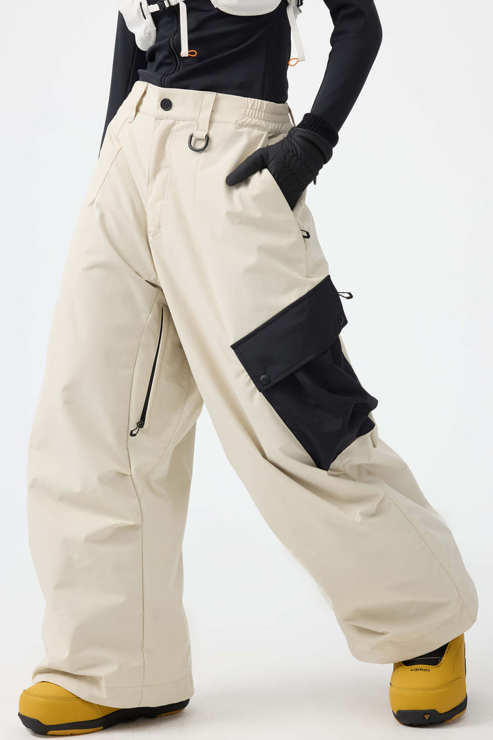 Women's Dark Gray Baggy Color-Blocked Cargo Pocket Snow Pants