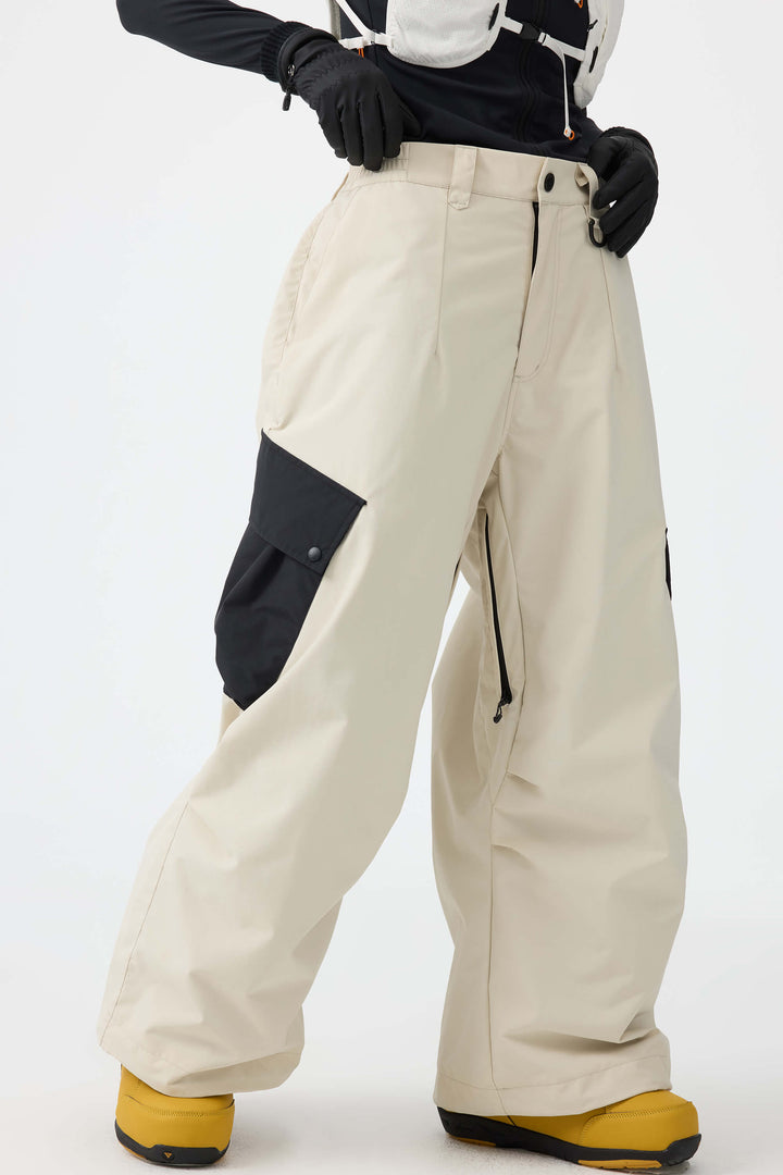 Women's Coffee Baggy Color-Blocked Cargo Pocket Snow Pants