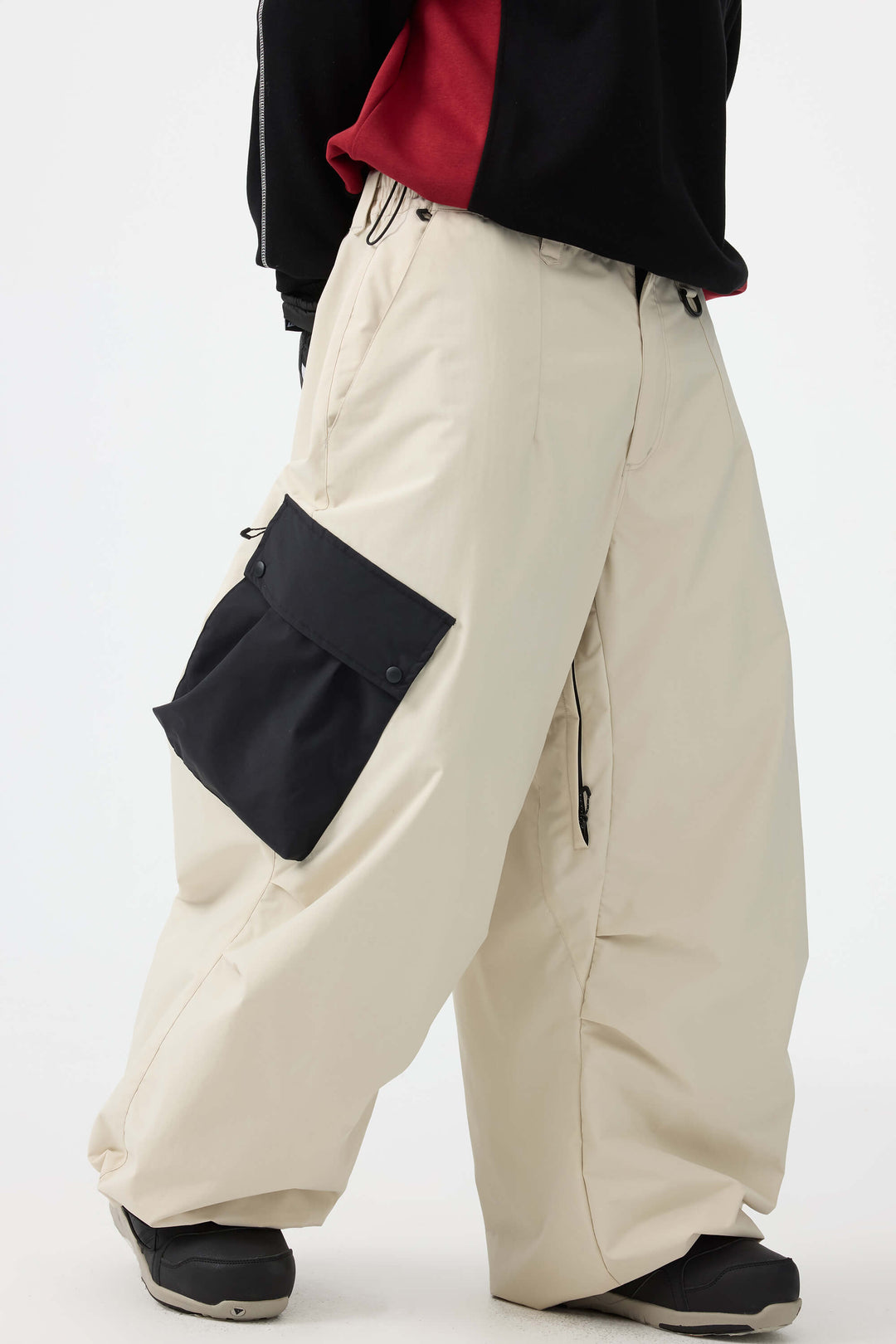 Men's Dark Gray Baggy Color-Blocked Cargo Pocket Snow Pants