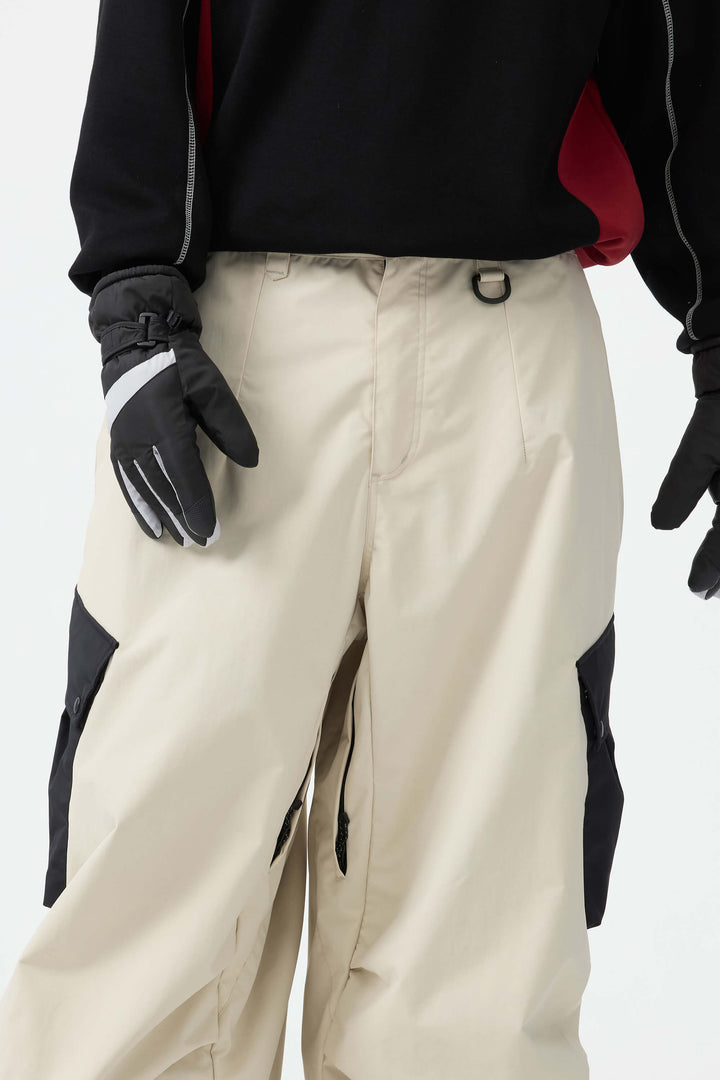 Men's Beige Baggy Color-Blocked Cargo Pocket Snow Pants