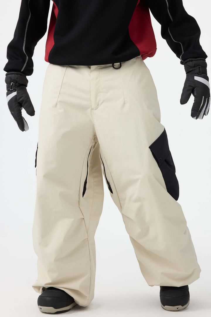 Men's Beige Baggy Color-Blocked Cargo Pocket Snow Pants