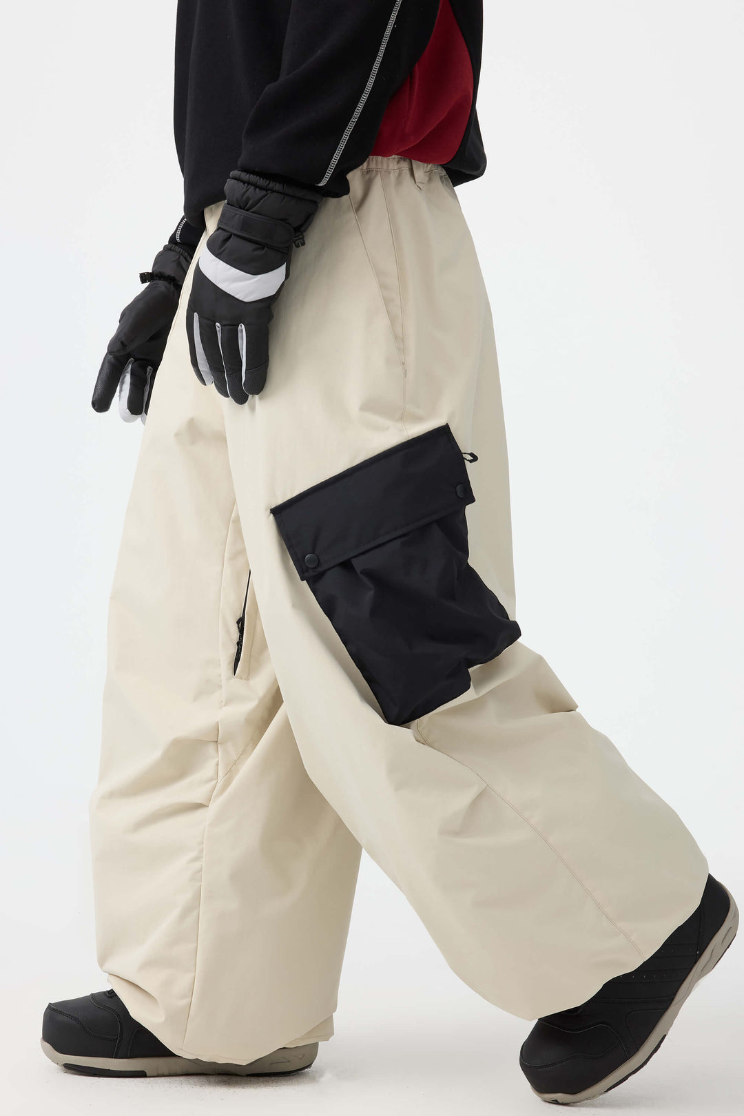 Men's Dark Gray Baggy Color-Blocked Cargo Pocket Snow Pants