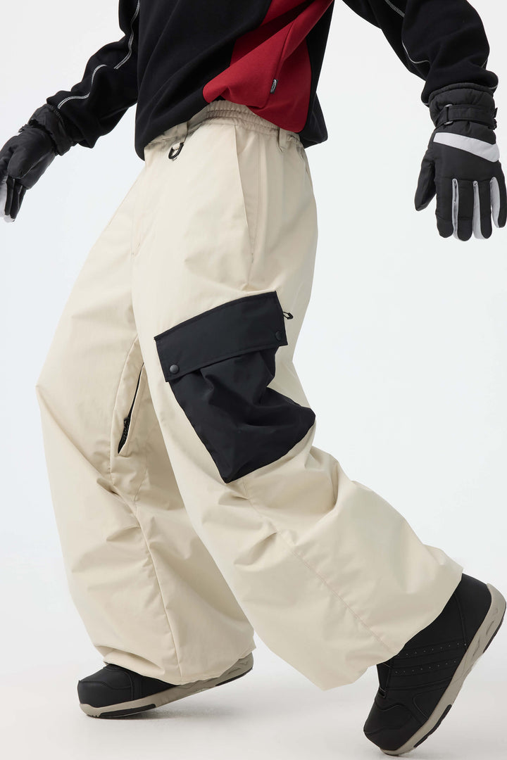 Men's Beige Baggy Color-Blocked Cargo Pocket Snow Pants