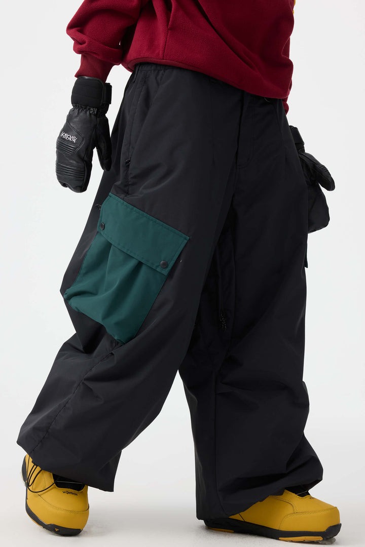 Women's Coffee Baggy Color-Blocked Cargo Pocket Snow Pants