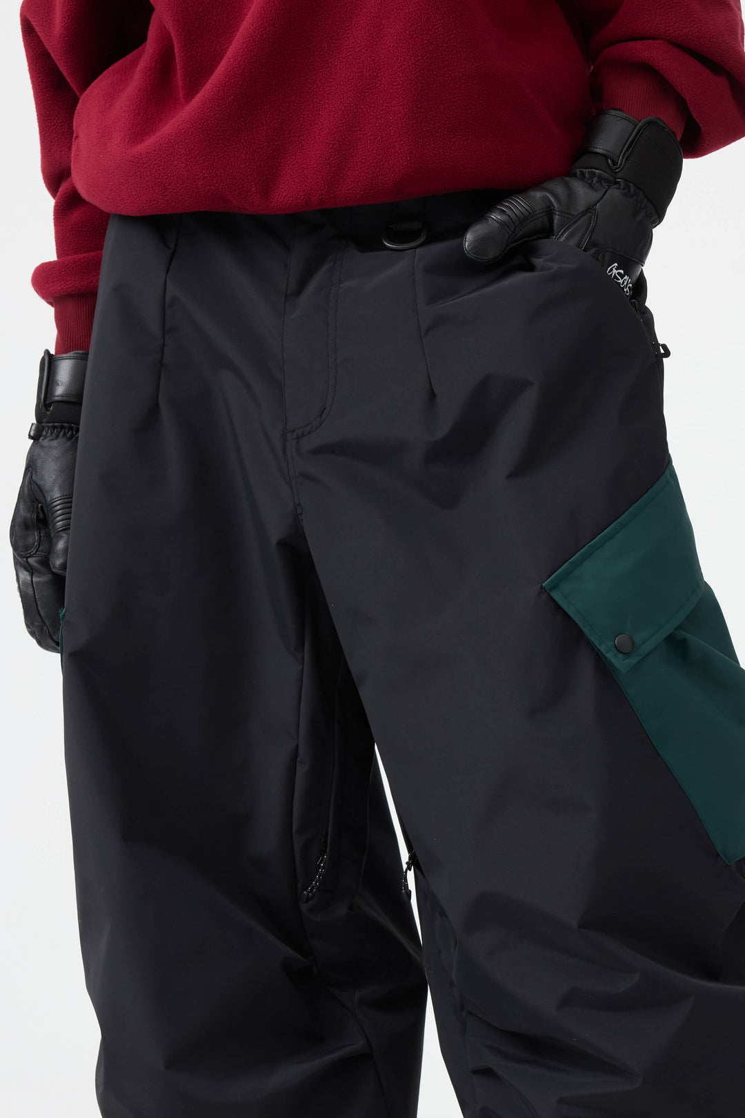 Women's Black Baggy Color-Blocked Cargo Pocket Snow Pants