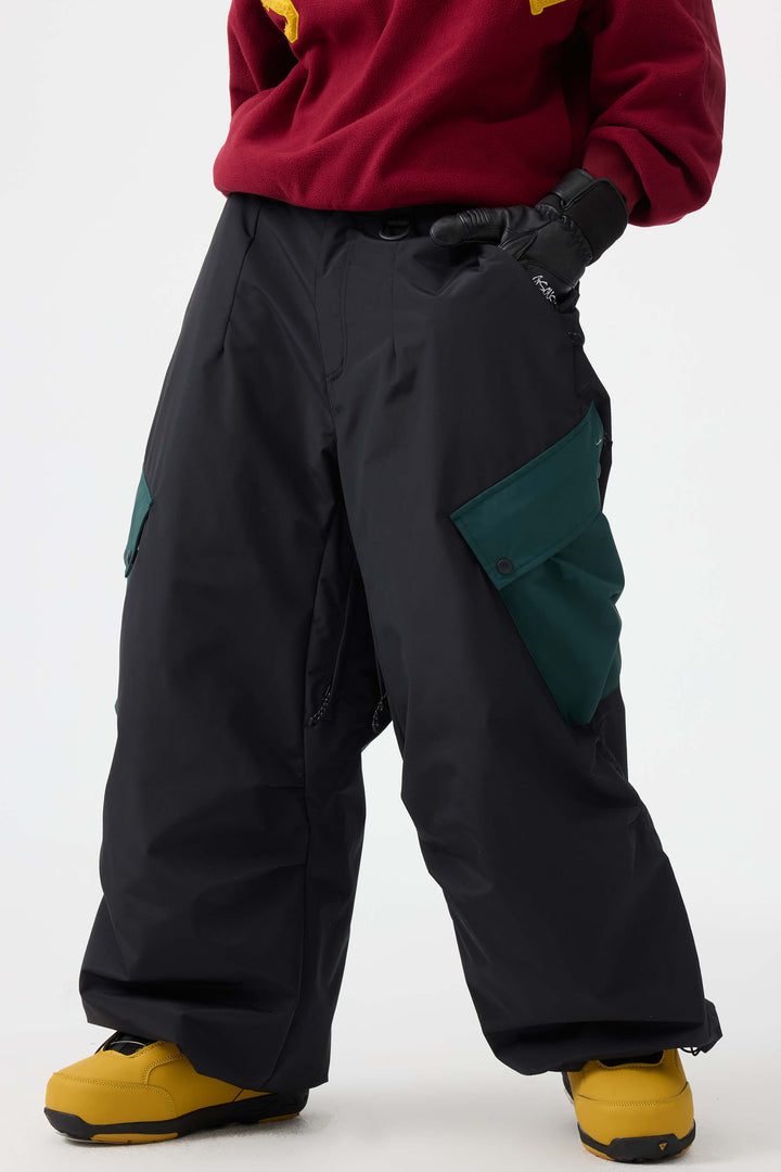 Women's Beige Baggy Color-Blocked Cargo Pocket Snow Pants