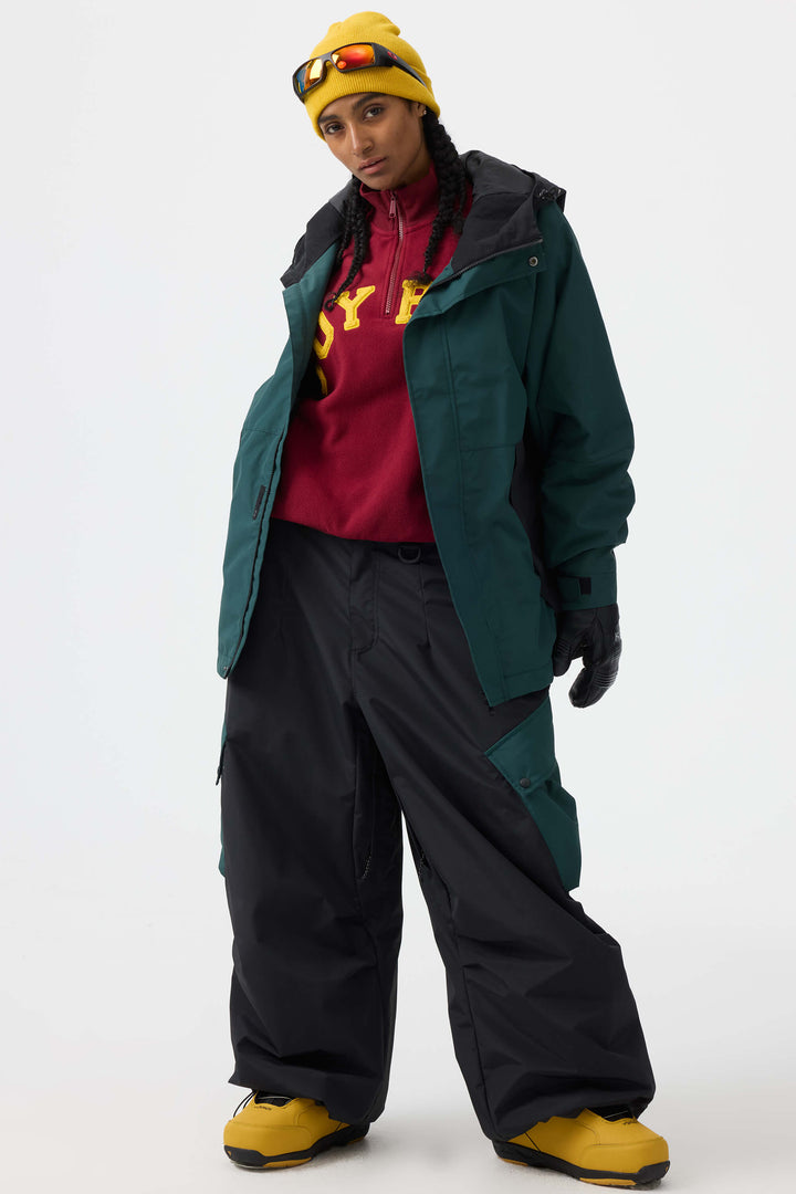 Women's Black Baggy Color-Blocked Cargo Pocket Snow Pants