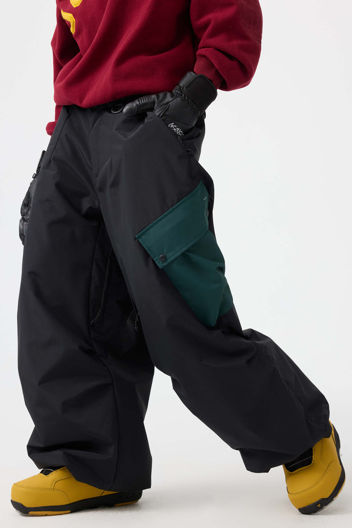 Women's Coffee Baggy Color-Blocked Cargo Pocket Snow Pants