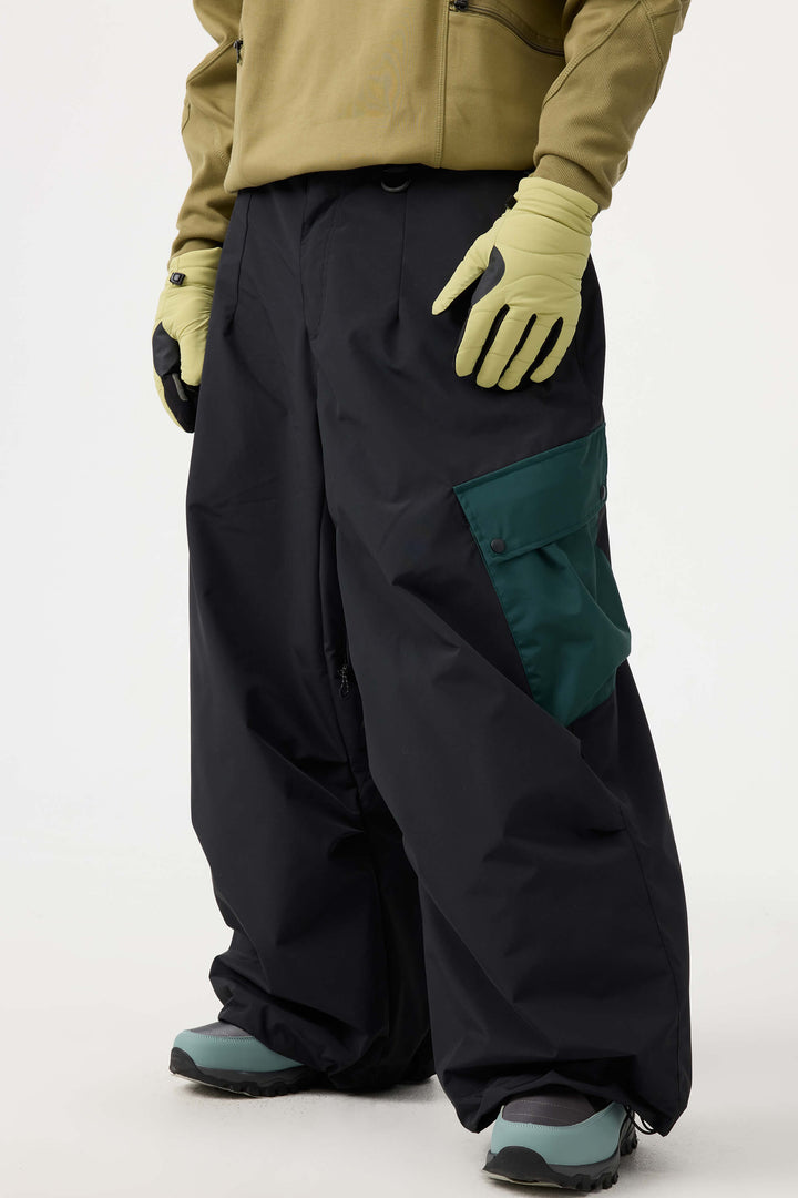 Men's Black Baggy Color-Blocked Cargo Pocket Snow Pants