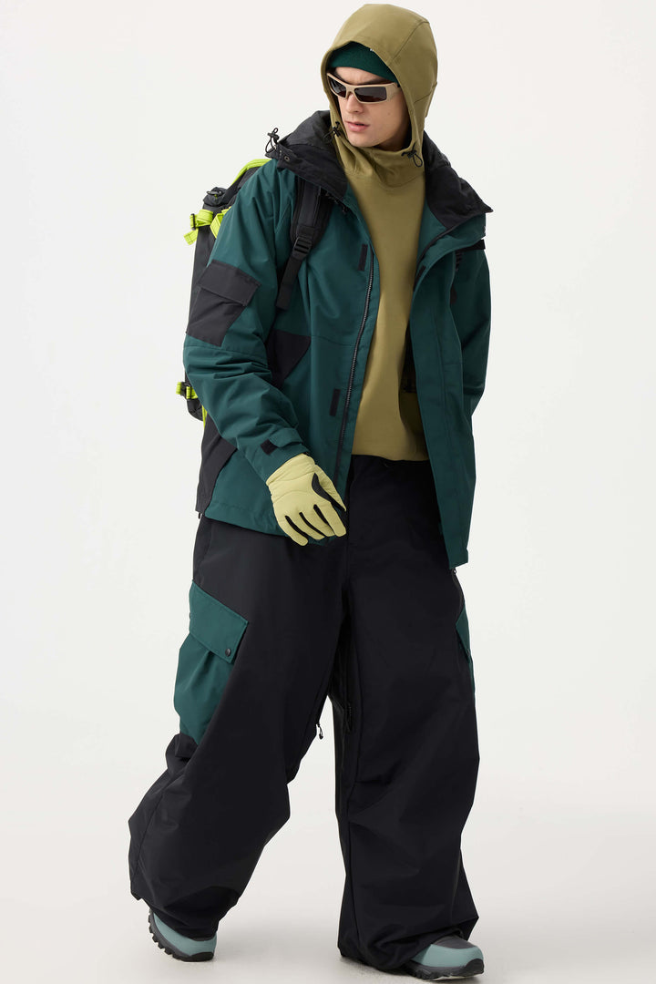 Men's Black Baggy Color-Blocked Cargo Pocket Snow Pants