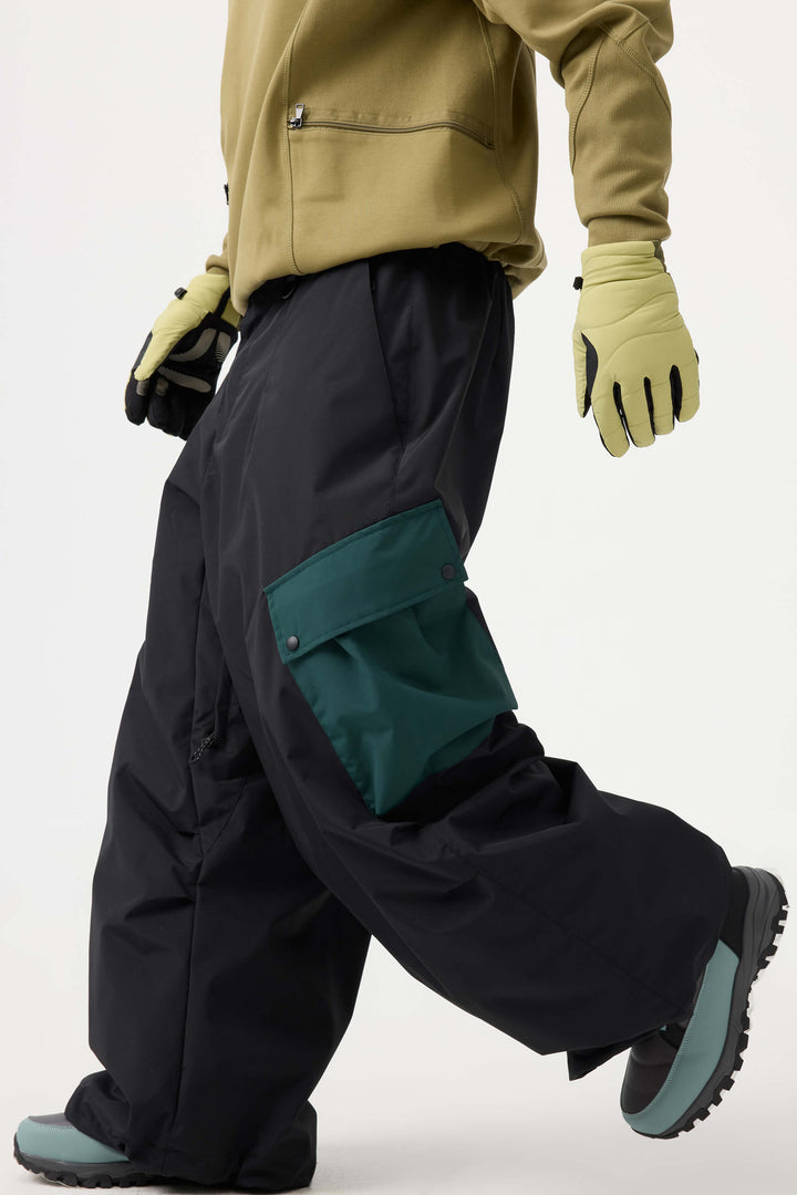 Men's Beige Baggy Color-Blocked Cargo Pocket Snow Pants