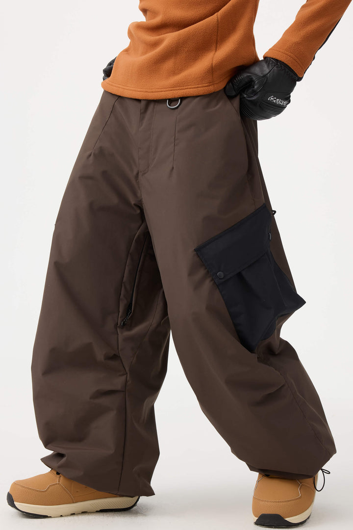 Women's Dark Gray Baggy Color-Blocked Cargo Pocket Snow Pants