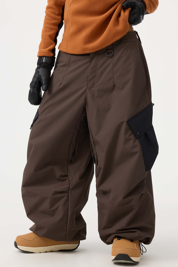 Women's Black Baggy Color-Blocked Cargo Pocket Snow Pants