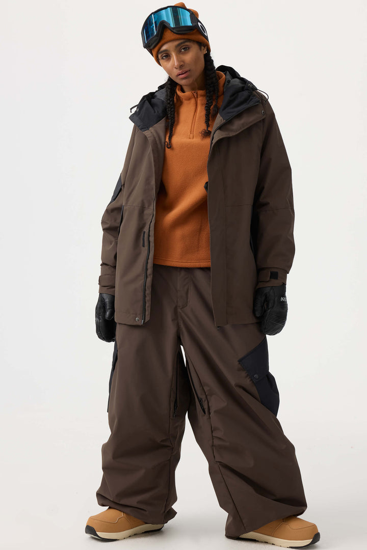 Women's Coffee Baggy Color-Blocked Cargo Pocket Snow Pants