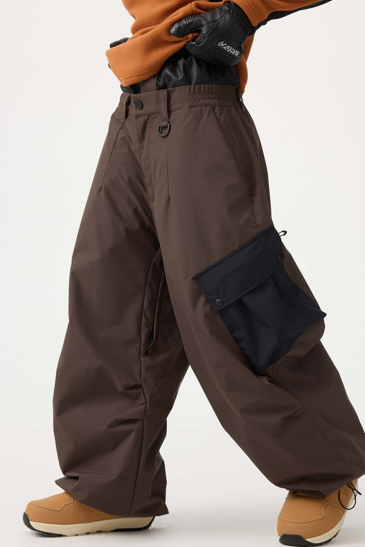 Women's Beige Baggy Color-Blocked Cargo Pocket Snow Pants