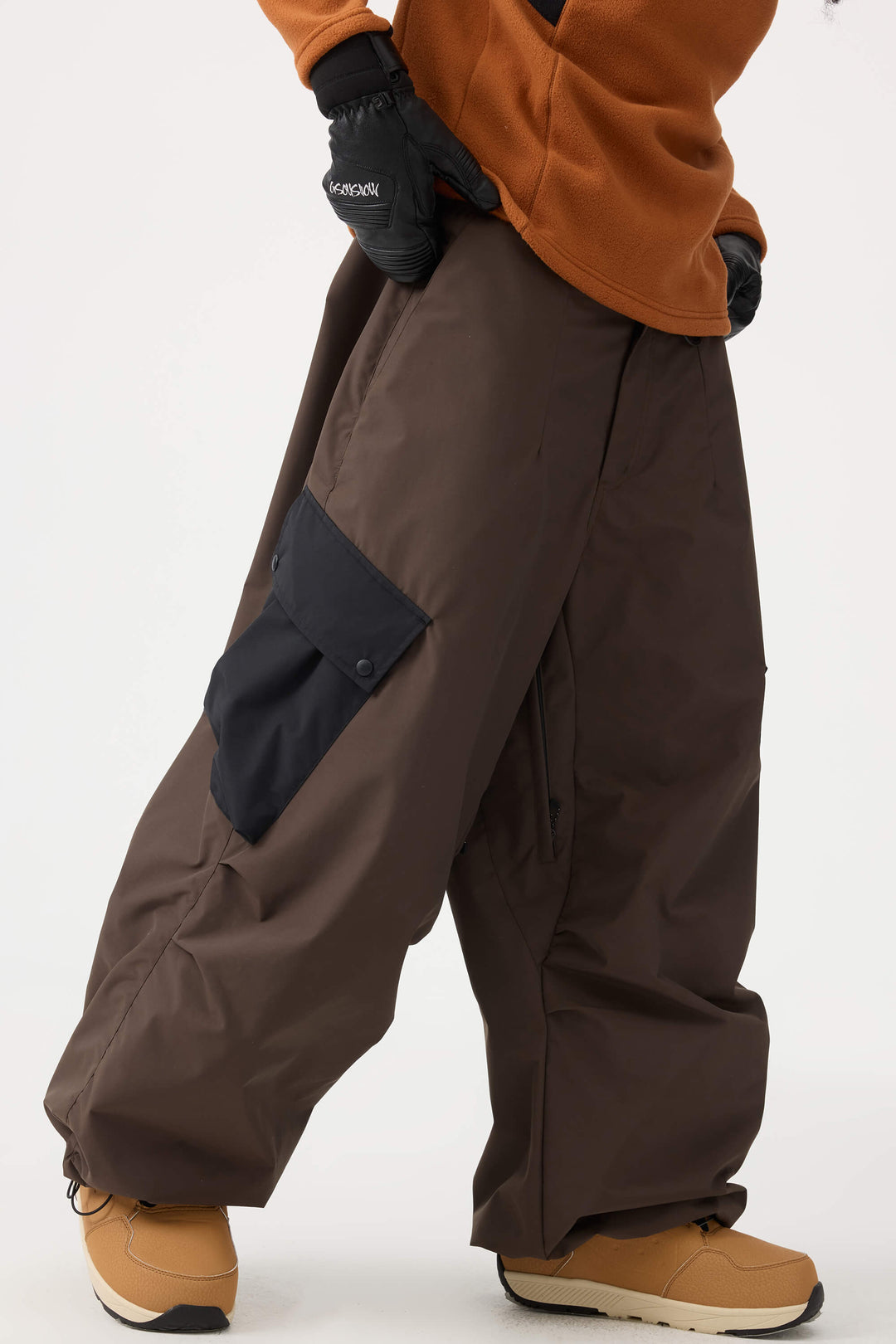 Women's Black Baggy Color-Blocked Cargo Pocket Snow Pants