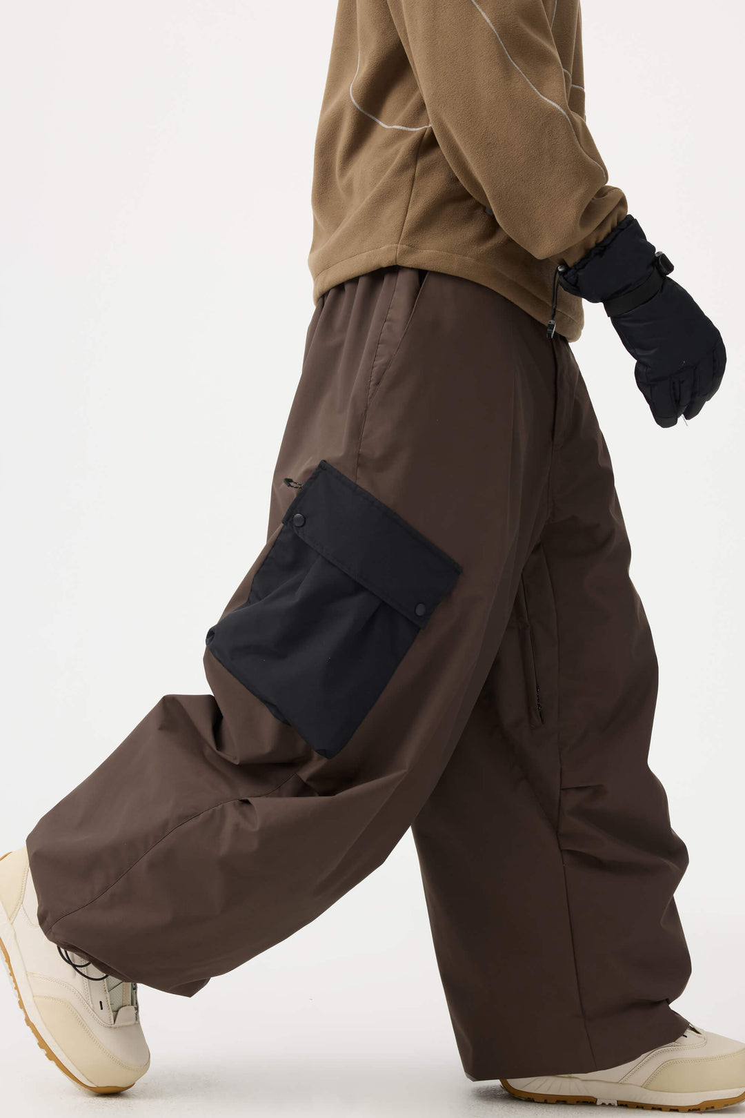 Men's Beige Baggy Color-Blocked Cargo Pocket Snow Pants