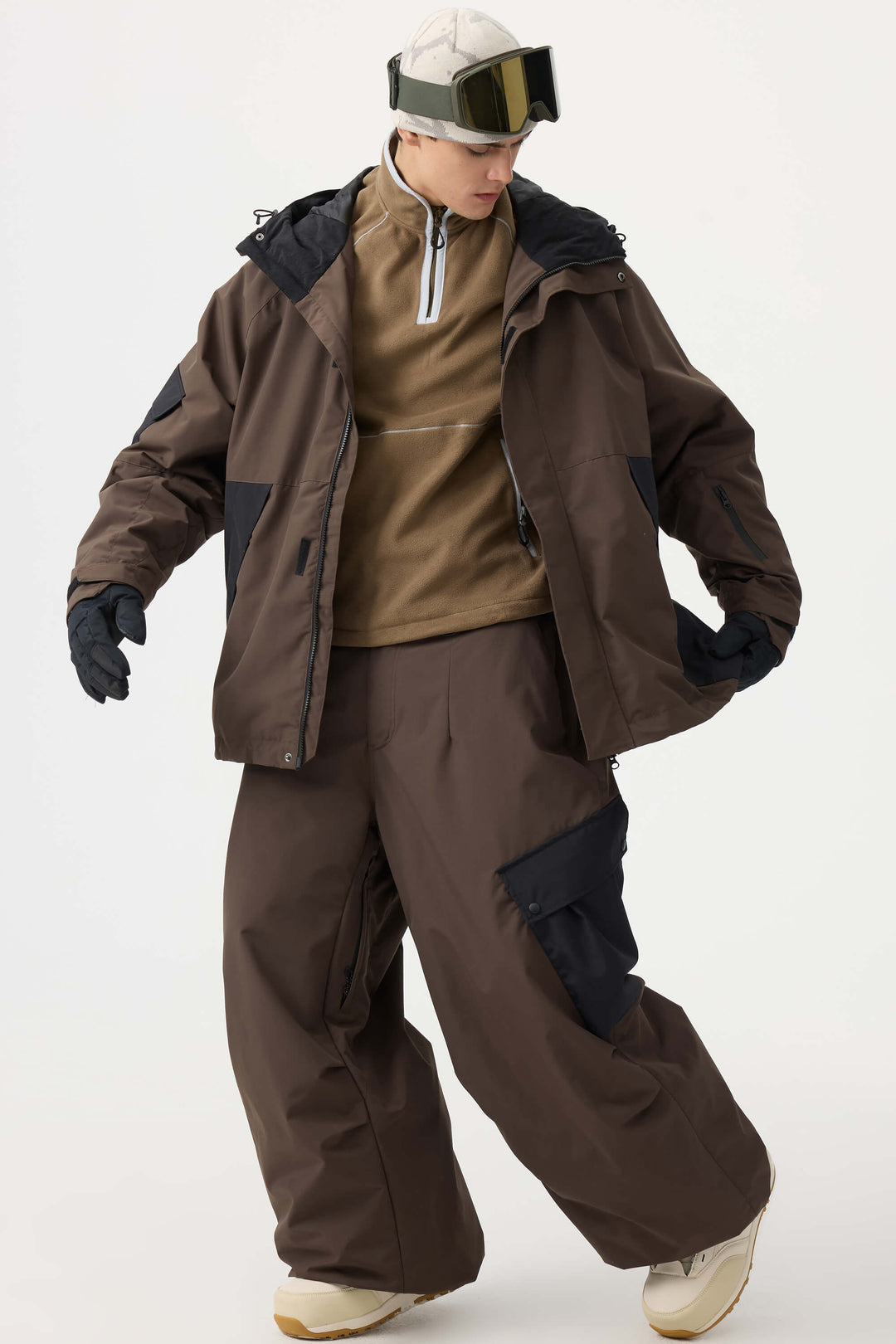 Men's Dark Gray Baggy Color-Blocked Cargo Pocket Snow Pants