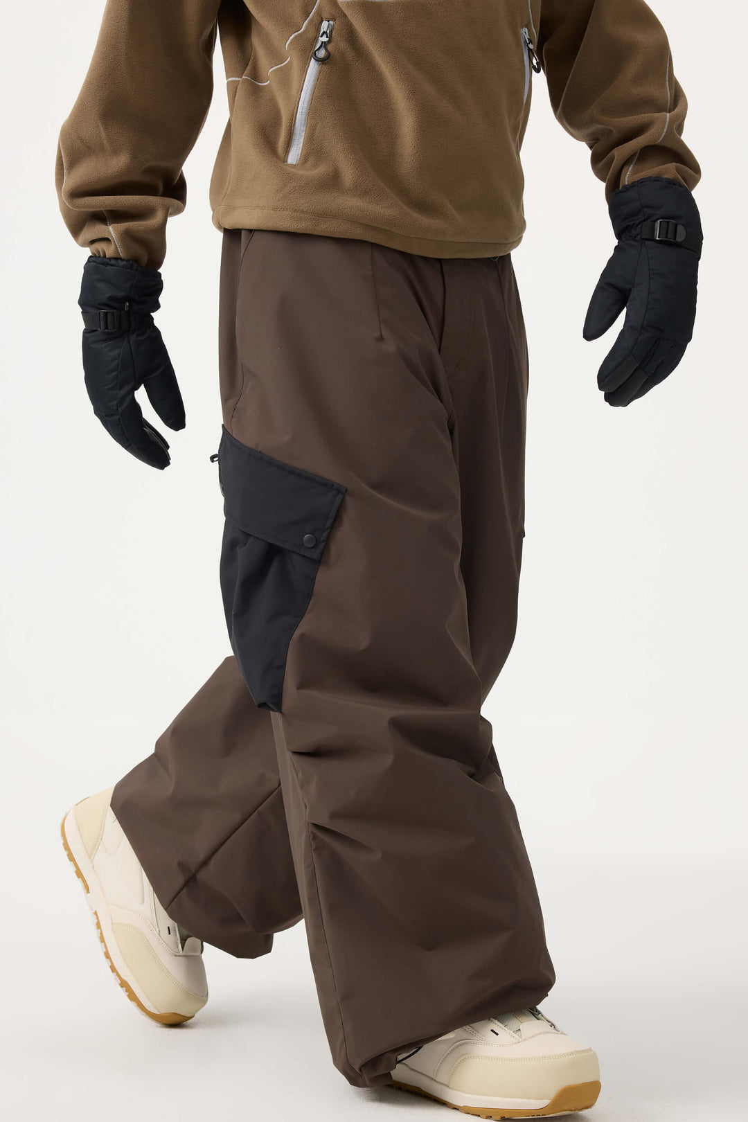 Men's Coffee Baggy Color-Blocked Cargo Pocket Snow Pants