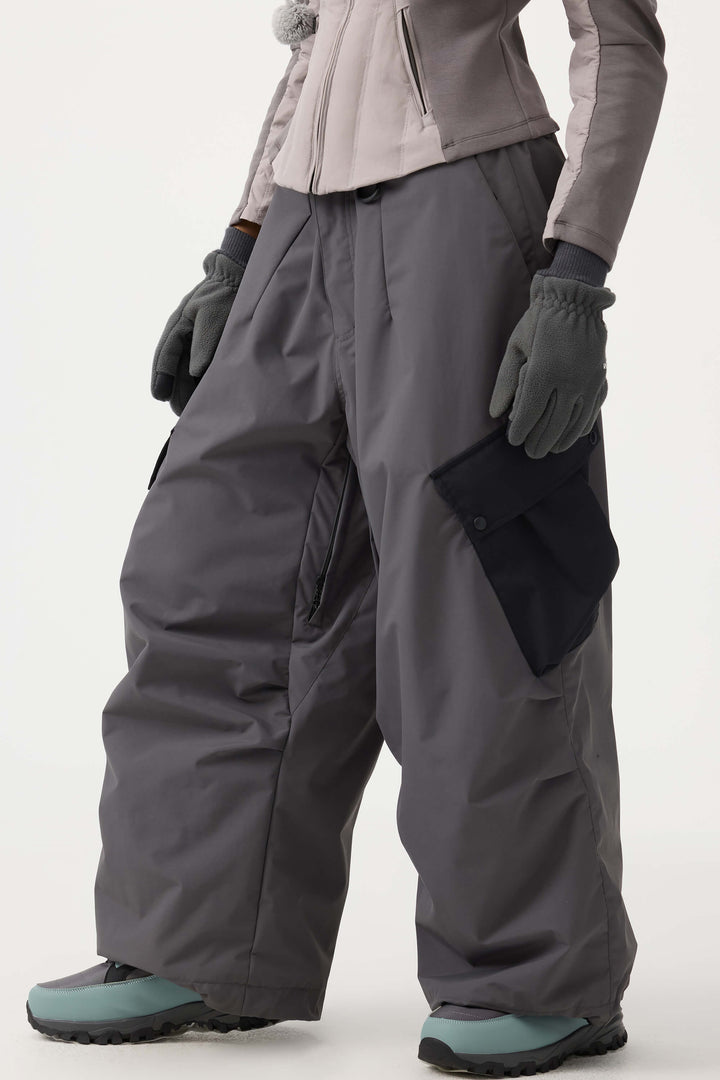 Women's Black Baggy Color-Blocked Cargo Pocket Snow Pants