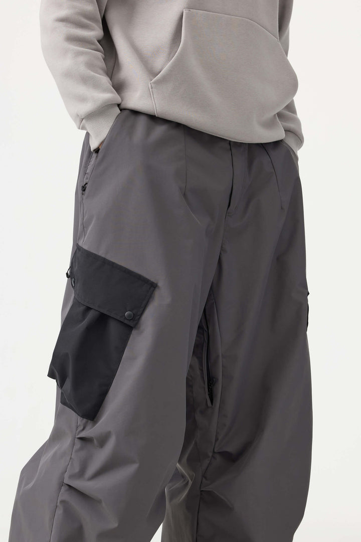 Men's Black Baggy Color-Blocked Cargo Pocket Snow Pants