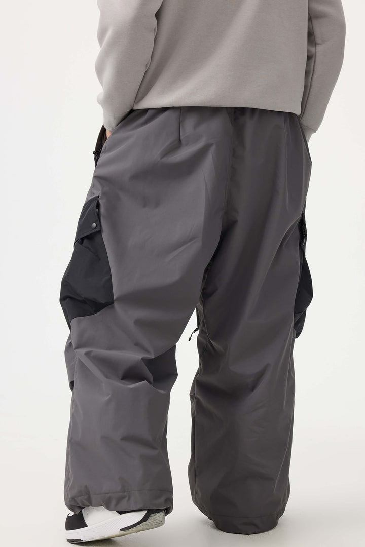 Men's Beige Baggy Color-Blocked Cargo Pocket Snow Pants