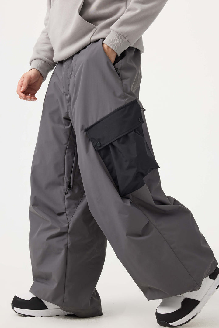 Men's Coffee Baggy Color-Blocked Cargo Pocket Snow Pants