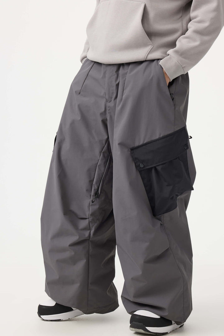 Men's Dark Gray Baggy Color-Blocked Cargo Pocket Snow Pants