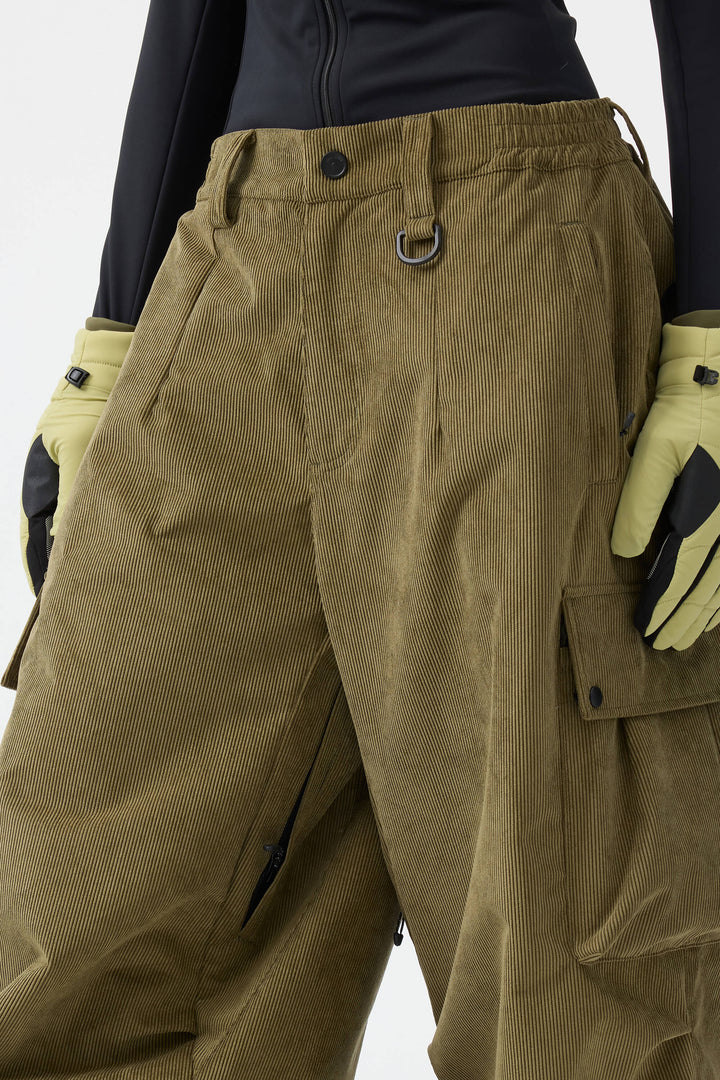 Women's Olive Green Baggy Structured Soft Corduroy Snow Pants