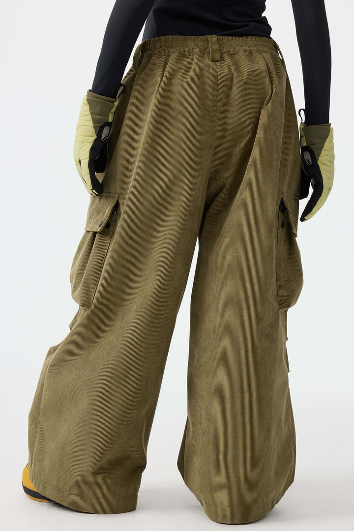 Women's Olive Green Baggy Structured Soft Corduroy Snow Pants