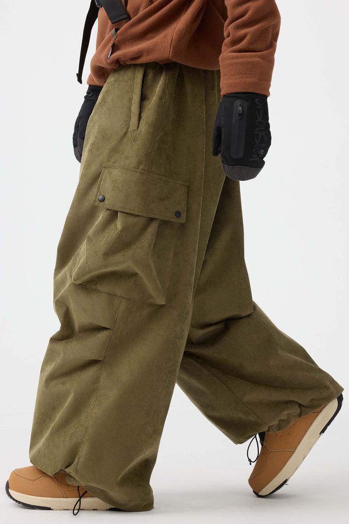 Men's Olive Green Baggy Structured Soft Corduroy Snow Pants