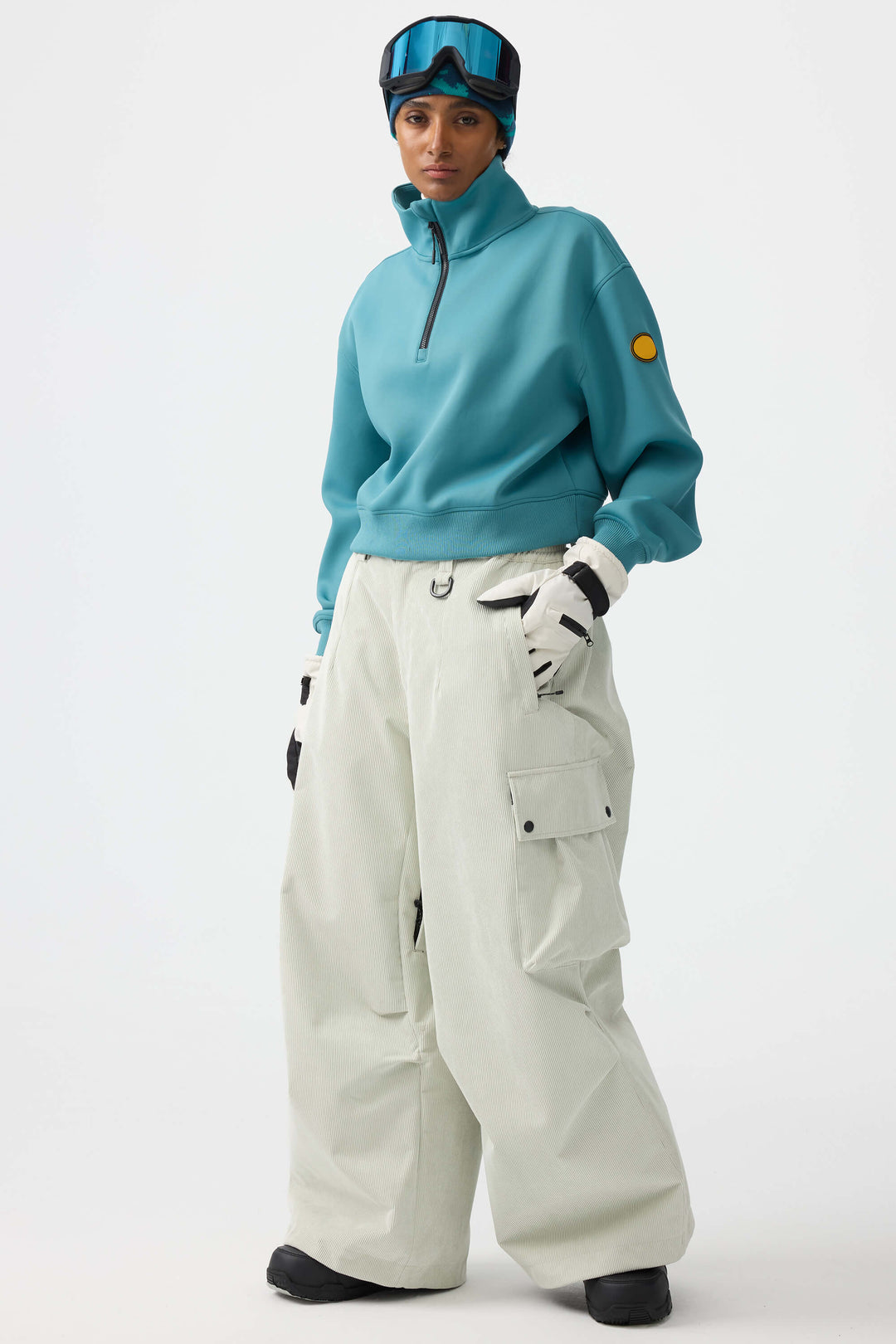 Women's Off White Baggy Structured Soft Corduroy Snow Pants