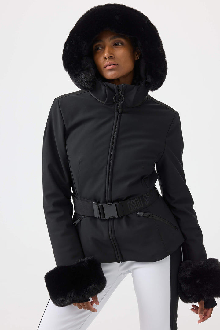 Women's Black 3D-Cut Faux Fur Stretch Insulated Ski Jacket