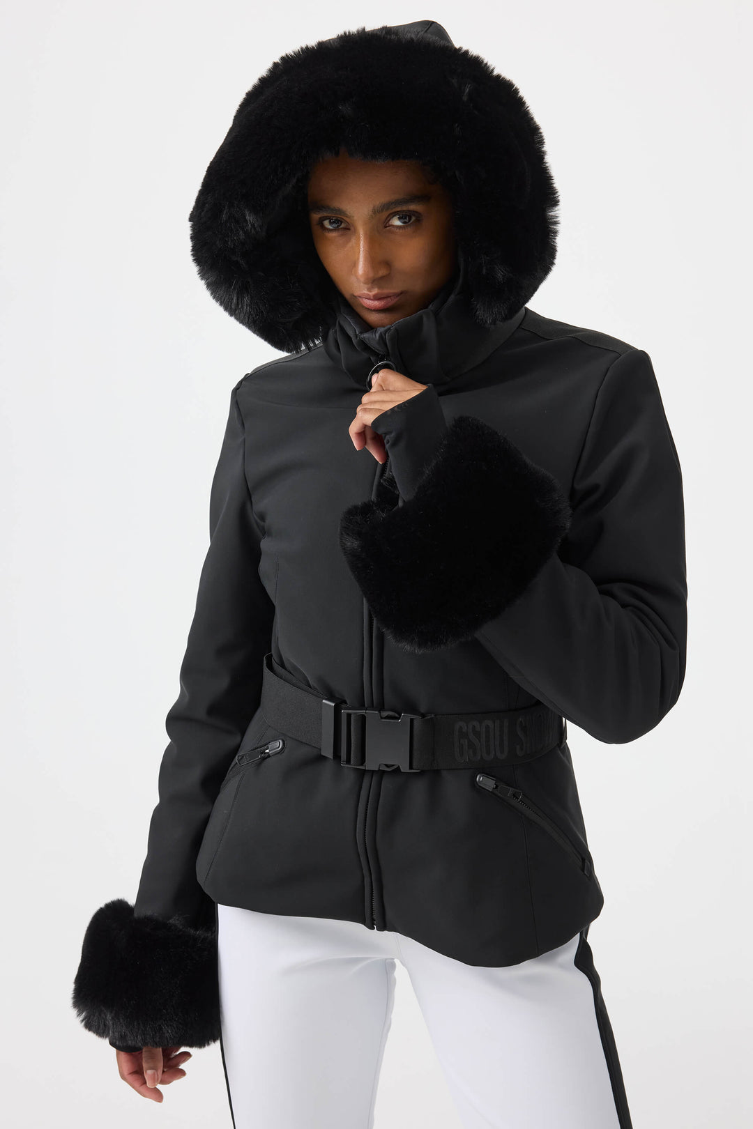 Women's Black 3D-Cut Faux Fur Stretch Insulated Ski Jacket