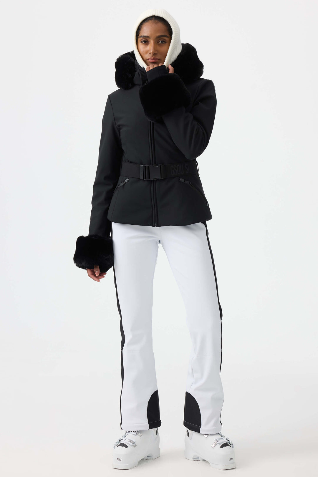 Women's White 3D-Cut Faux Fur Stretch Insulated Ski Jacket