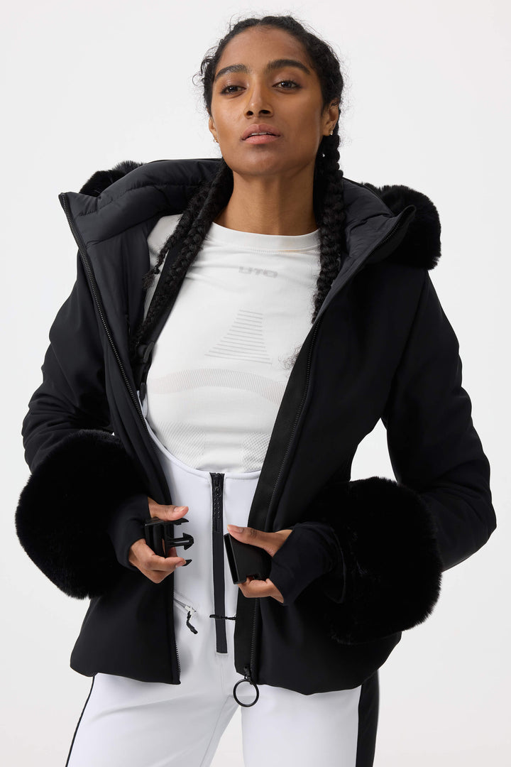 Women's White 3D-Cut Faux Fur Stretch Insulated Ski Jacket