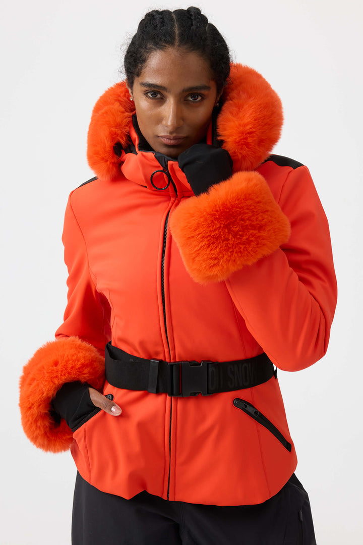 Women's Orange 3D-Cut Faux Fur Stretch Insulated Ski Jacket