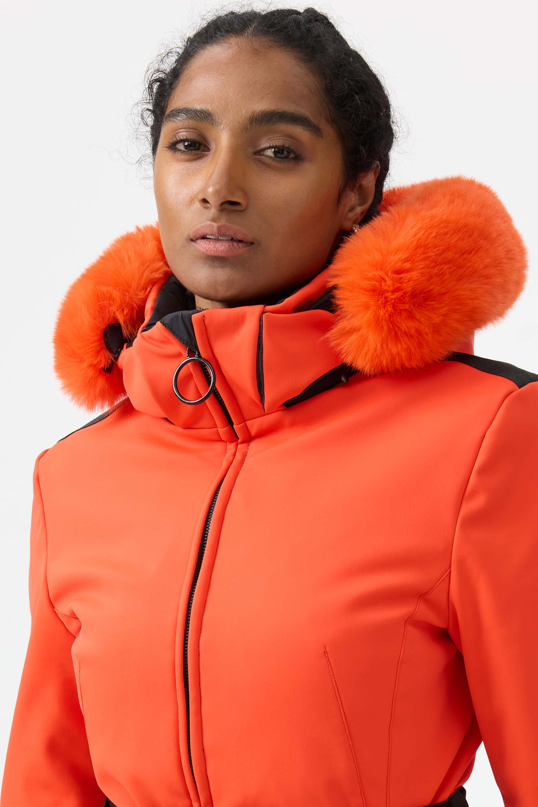 Women's Orange 3D-Cut Faux Fur Stretch Insulated Ski Jacket