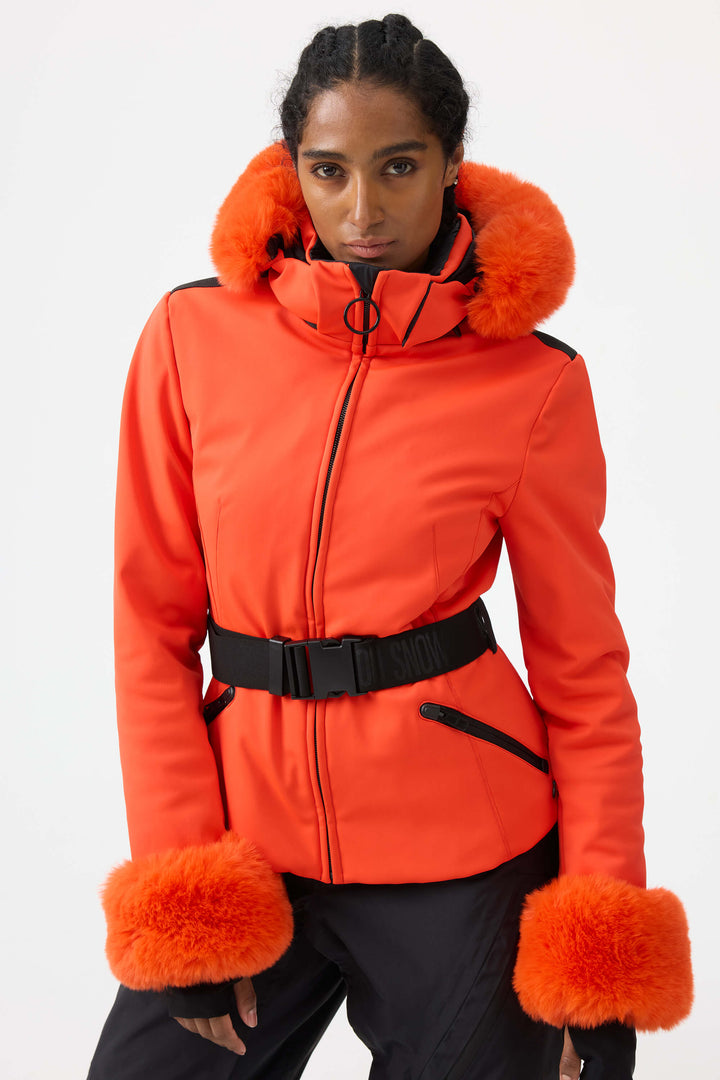 Women's Orange 3D-Cut Faux Fur Stretch Insulated Ski Jacket