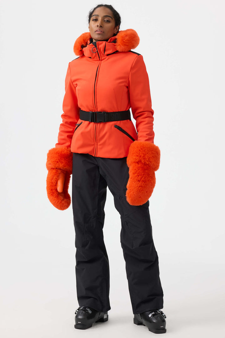 Women's Orange 3D-Cut Faux Fur Stretch Insulated Ski Jacket