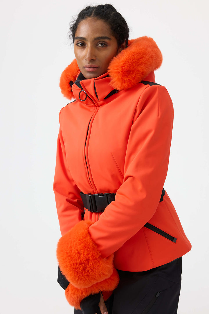 Women's Orange 3D-Cut Faux Fur Stretch Insulated Ski Jacket