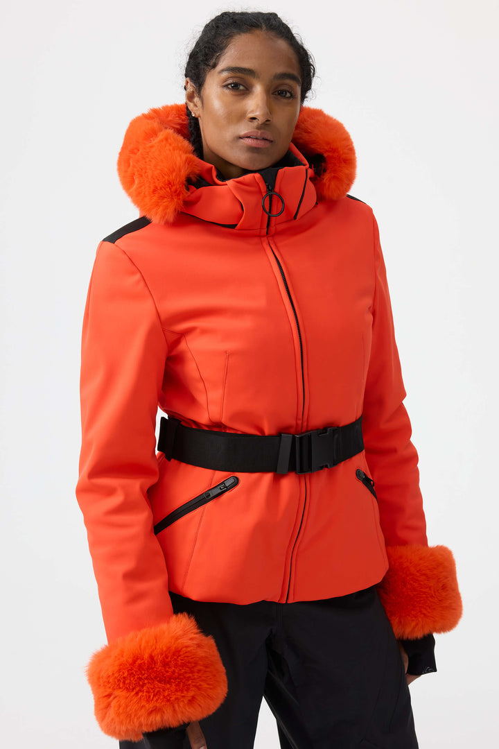 Women's Orange 3D-Cut Faux Fur Stretch Insulated Ski Jacket