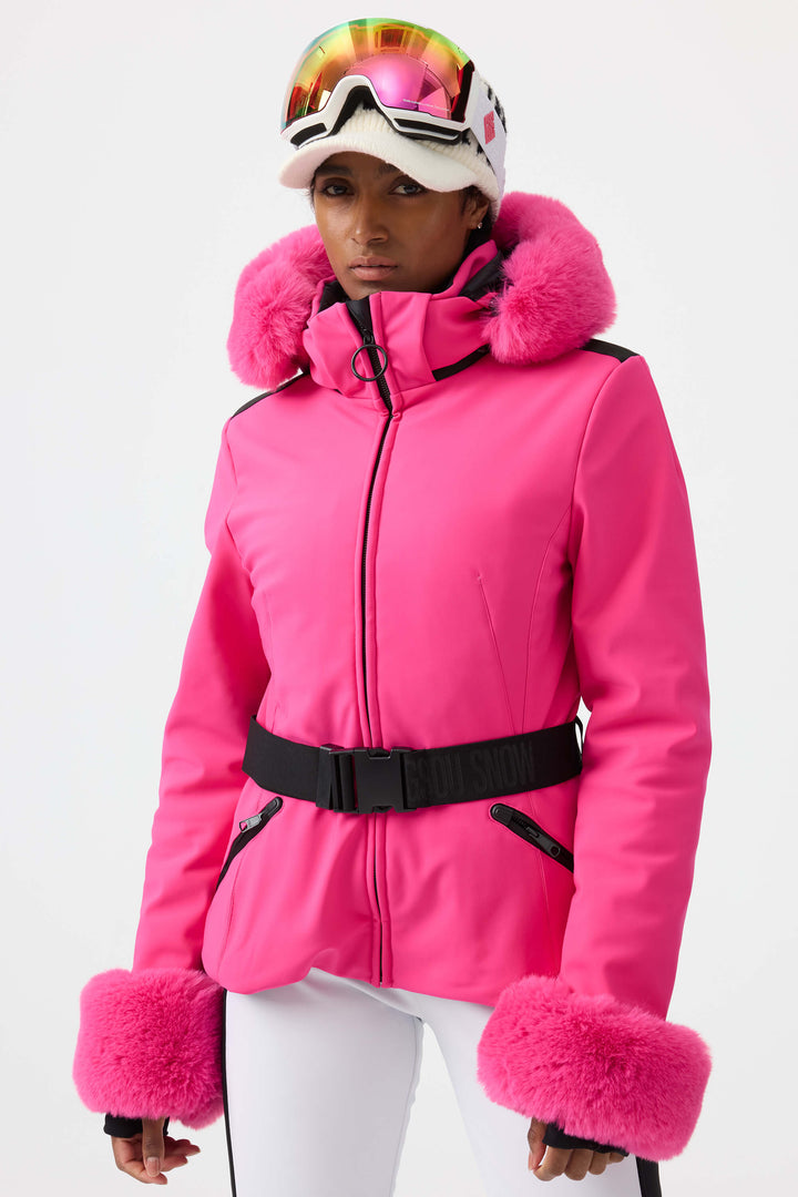 Women's Orange 3D-Cut Faux Fur Stretch Insulated Ski Jacket