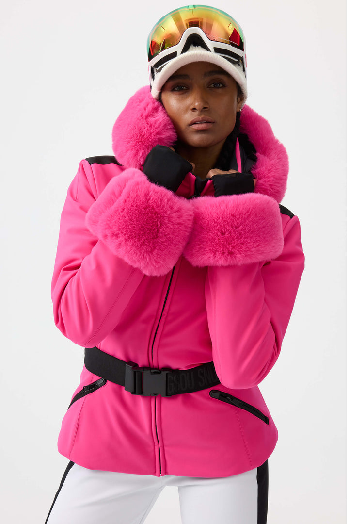 Women's Magenta 3D-Cut Faux Fur Stretch Insulated Ski Jacket