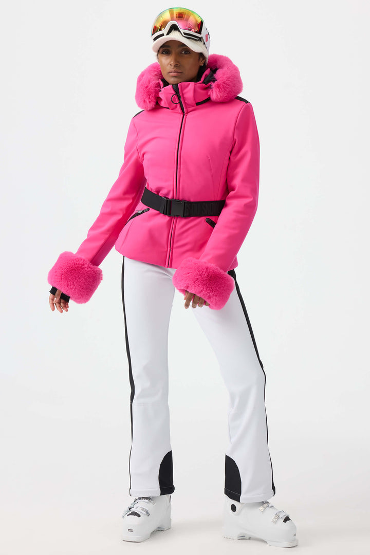 Women's White 3D-Cut Faux Fur Stretch Insulated Ski Jacket