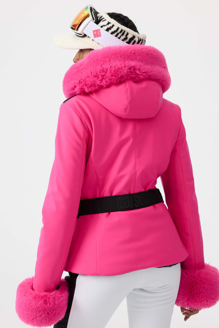 Women's Magenta 3D-Cut Faux Fur Stretch Insulated Ski Jacket