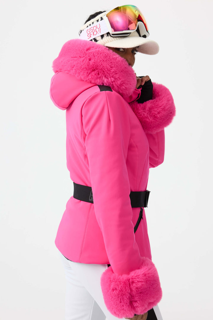 Women's Magenta 3D-Cut Faux Fur Stretch Insulated Ski Jacket