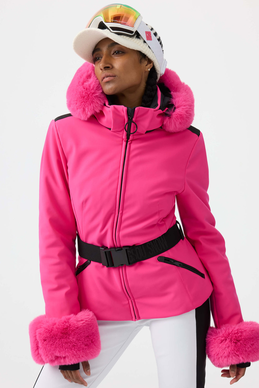 Women's White 3D-Cut Faux Fur Stretch Insulated Ski Jacket